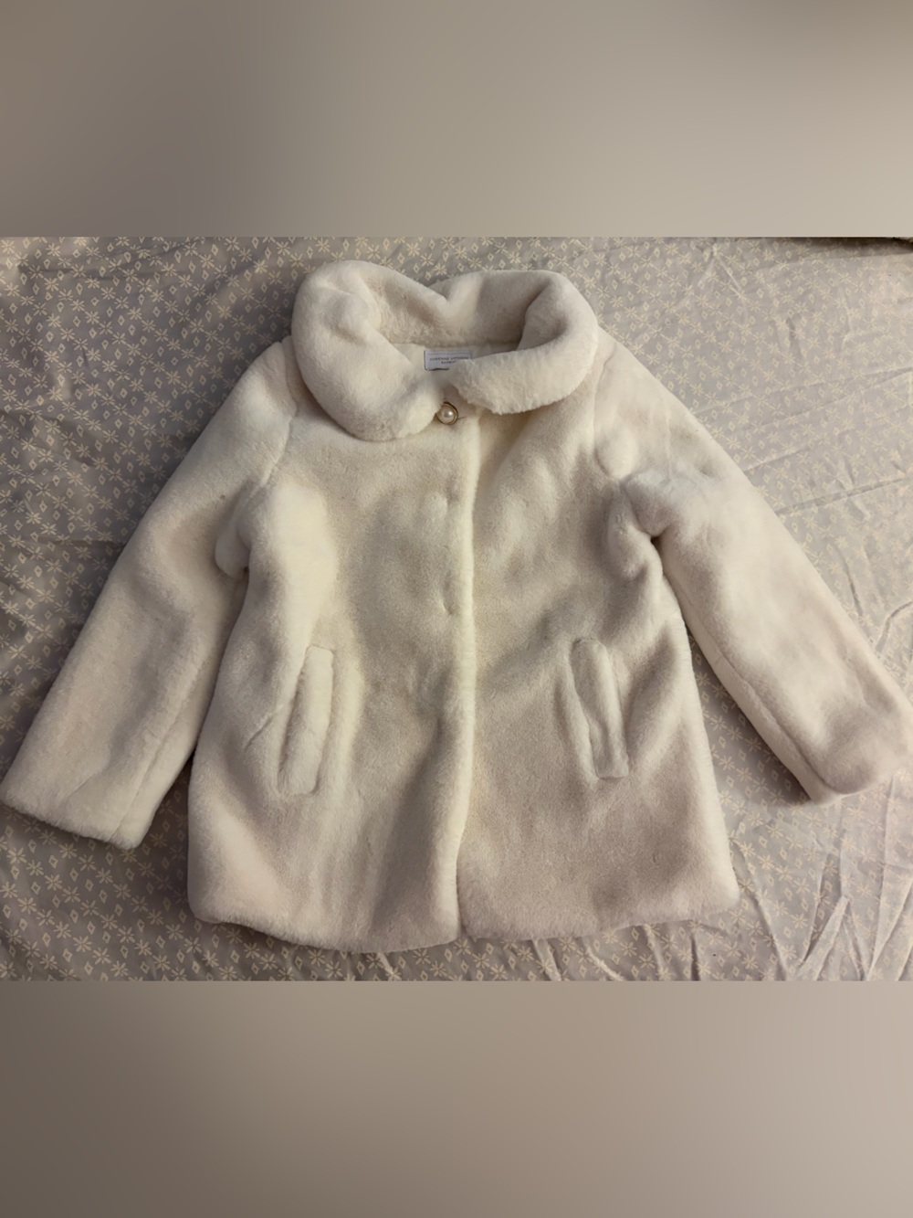 Adrienne Vittadini Girls' Cream Faux Fur Pea Coat with Pearl Button